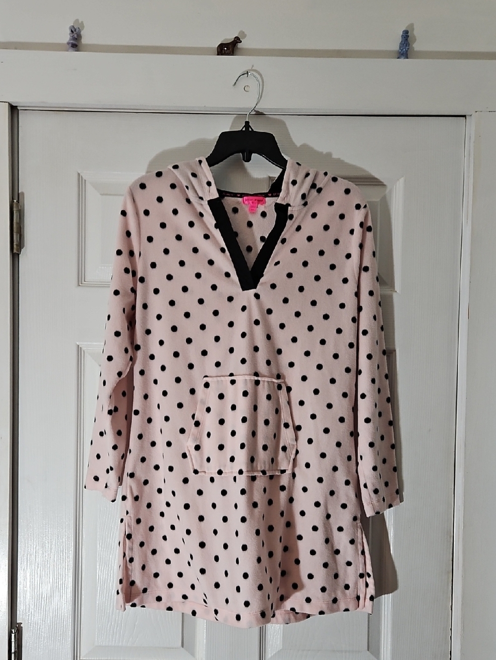 Betsey Johnson Pink Polka Dot Fleece Hooded Nighty M